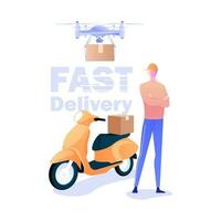 Flat colorful design delivery man and delivery drone vector