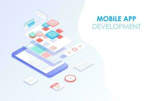 Mobile app development and web design isometric concept. App testing and layered user interface on smartphone screen for web banner background. vector