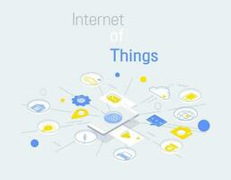 Internet of things and internet connections infographic modern linear style, mobile control connected with items and services. vector illustration.