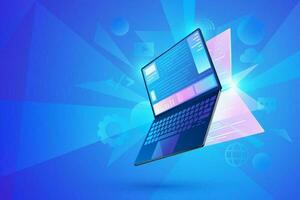 Software development concept, user interface Laptop with virtual interactive screens processing, web interface design, software coding and programming languages vector