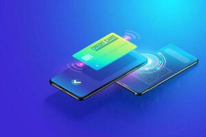 Isometric Payment though smartphone with scan qr code concept, online receiving and online payment. Easy and Safer online payment via credit cart 3d illustration. vector