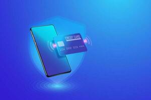Secure online payment transaction with smartphone. Internet banking via credit card on mobile. Protection shopping wireless pay through smartphone vector illustration.