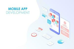 Mobile app development and web design isometric concept. App testing and layered user interface on smartphone screen for web banner background. vector