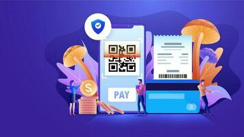 Protection online payment transaction with smartphone. Internet banking via credit card on smartphone. Cashless society and Protection shopping wireless pay through smartphone and qr code scan. vector