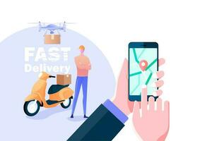 Flat colorful design delivery man, delivery drone and hand holding mobile phone for location landing pages vector