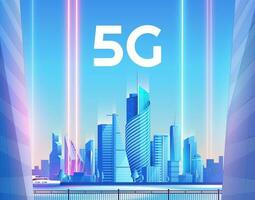 5g inalámbrico red y inteligente ciudad concepto. noche urbano ciudad con cosas y servicios íconos conexión, Internet de cosas, 5g red inalámbrico con alto velocidad conexión plano diseño. vector