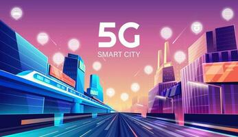 5g inalámbrico red y inteligente ciudad concepto. noche urbano ciudad con cosas y servicios íconos conexión, Internet de cosas, 5g red inalámbrico con alto velocidad conexión plano diseño. vector