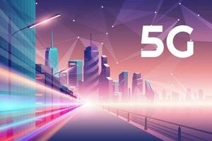 5g inalámbrico red concepto. noche urbano ciudad con bajo poligonal conexión, Internet de cosas, 5g red inalámbrico con alto velocidad conexión plano diseño. vector