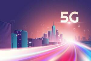 5g inalámbrico red. 5to Internet servicio, noche urbano ciudad con cosas y servicios íconos conexión, Internet de cosas, 5g red inalámbrico con alto velocidad conexión y móvil conectividad vector