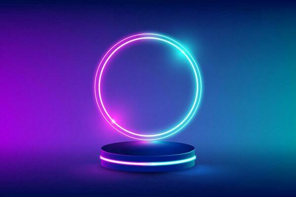 Empty neon stage for product replacement with futuristic circles blue and pink neon light background. vector illustration