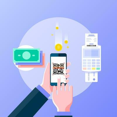 Cashless society flat design banner for web page. Hand holing smartphone pay by scan QR code, cashless payment, online payment and online shopping concept. Vector illustration.