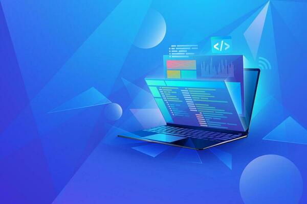 Perspective web development technology concept design. Laptop with virtual interactive screens processing, web interface design, software coding and programming languages