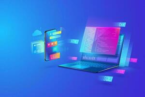 Web development, application design, coding and programming on laptop and smartphone concept with programming language and program code and layout on screen vector. vector