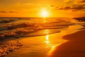 beautiful warm sunset on the seashore, soft calm waves of sea water in the warm light of the golden sun generative ai photo