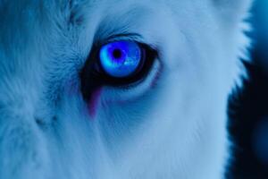 close-up of the eye of a white animal, cold neon colors generative ai photo