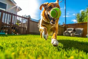 perro en un verde césped jugando con un pelota generativo ai foto