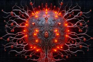 brain with microchips on a dark background, the concept of the fusion of the brain and artificial intelligence photo