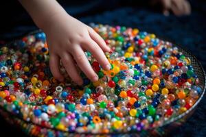 close-up of the hands of a child playing with multi-colored sensory balls for the development of fine motor skills, toys for children with autism generative ai photo