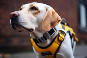 guide dog labrador in yellow harness photo