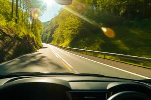 driving car in sunny weather, summer road trip photo