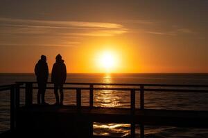 silueta un Pareja de amigos y mar puesta de sol Dom generativo ai foto