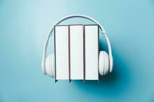 blanco auriculares con apilar de libros en azul antecedentes. audio libros o moderno educación concepto. Copiar espacio para texto. distancia educación, e-learning concepto. parte superior ver con espacio para tu texto. foto