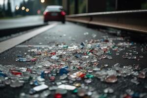 pequeño piezas de vaso después un accidente en el la carretera generativo ai foto