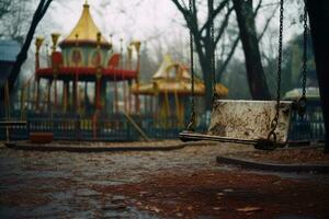 old swing on the background of the playground on a cloudy gray day, a mystical scary feeling generative ai photo