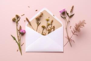 envelope with herbs on pink background photo