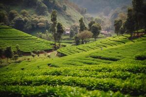 view of green tea plantations in the hills, beautiful view photo