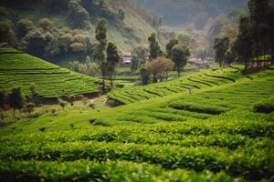 view of green tea plantations in the hills, beautiful view generative ai photo