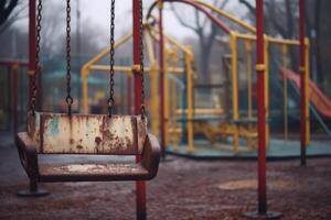old swing on the background of the playground on a cloudy gray day, a mystical scary feeling photo