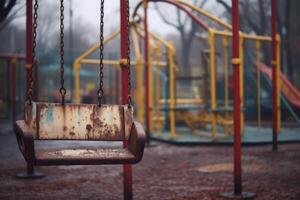 old swing on the background of the playground on a cloudy gray day, a mystical scary feeling generative ai photo