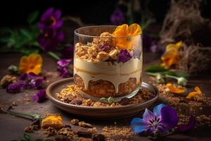 beautiful ice cream with nuts in a glass and decorated with flowers photo