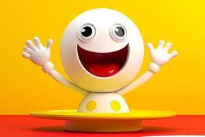 cartoon white character smiling and waving on yellow background with white plate photo