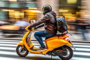 city delivery courier on a yellow motor scooter photo