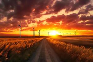 el la carretera mediante el campo dónde allí son viento turbinas en contra el fondo de un hermosa cielo con un calentar dorado puesta de sol generativo ai generativo ai foto