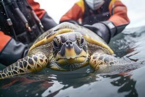 Animal activists released sea turtle into the wild after rehabilitation, concept of nature protection and conservation of species  generative ai photo