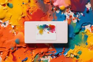 business card white blank with copy space and colorful paints photo
