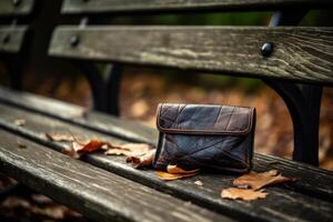 lost black handbag on bench generative ai photo