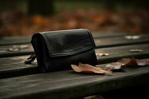 lost black handbag on bench generative ai photo