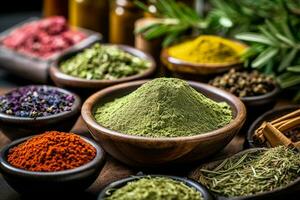 a variety of colorful spices and herbs generative ai photo