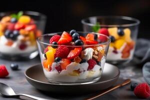 Fruta y baya hielo crema en un vaso generativo ai foto