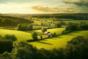 farm on a green meadow next to a neat green fieldwarm sunset,  view from a drone generative ai photo