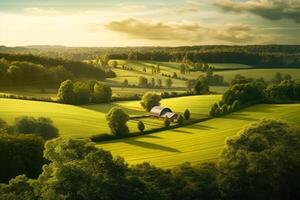 granja en un verde prado siguiente a un ordenado verde campo cálido atardecer, ver desde un zumbido generativo ai foto