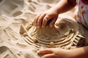 close-up of children's hands playing with sand in the sandbox generative ai photo