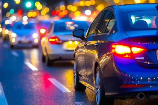 tráfico Enjambres en el ciudad noche faros de carros generativo ai foto