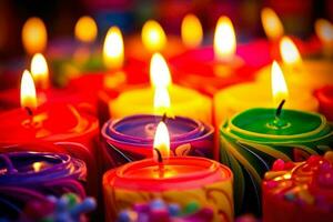 burning candles of different colors close-up generative ai photo