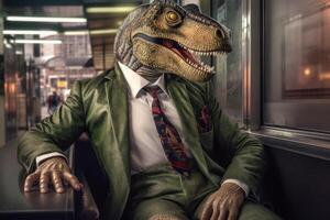 a dinosaur in a dark green formal suit sits in the office, the concept of competition, strength and toughness in business photo