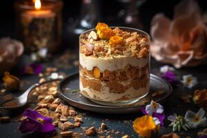 beautiful ice cream with nuts in a glass and decorated with flowers photo